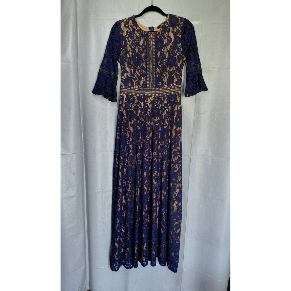 Miss‎ May Retro Gorgeous City Lace Overlay Maxi Dress Blue Med Bell Sleeve
